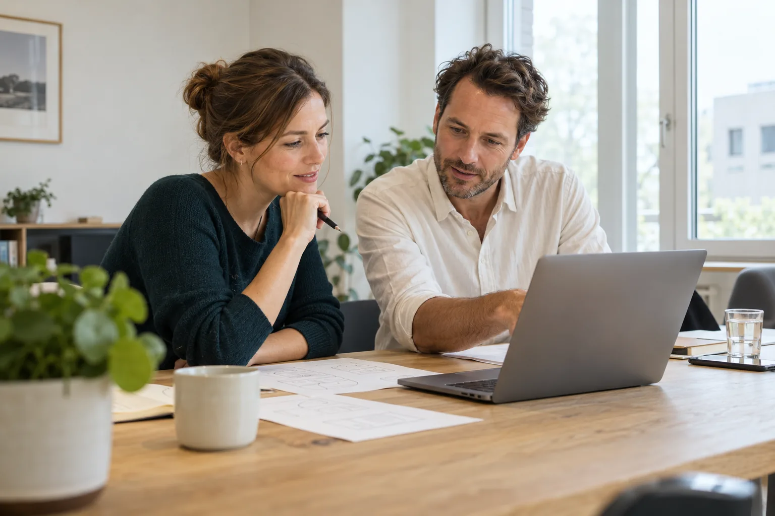 Zwei Personen besprechen an einem Holztisch im hellen Büro ein Vorhaben am Laptop